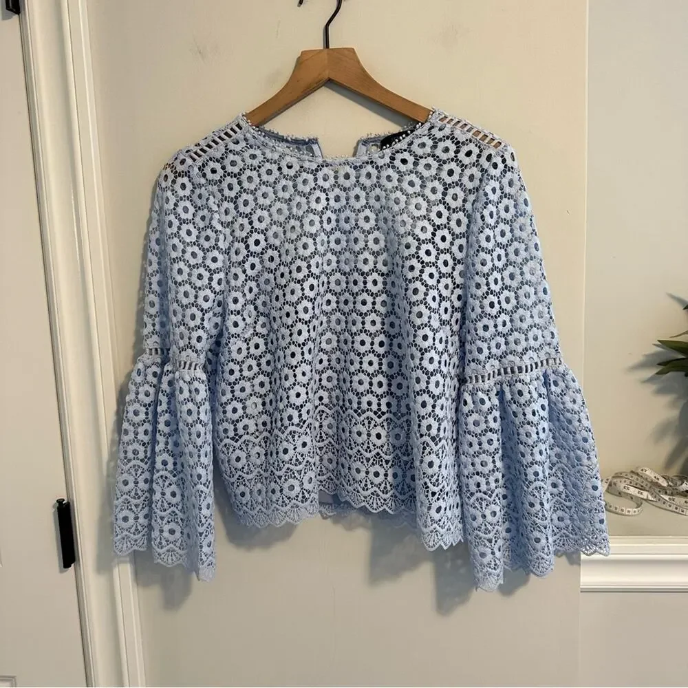 J. Crew Blue Floral Lace Flare Sleeve Blouse Top 6